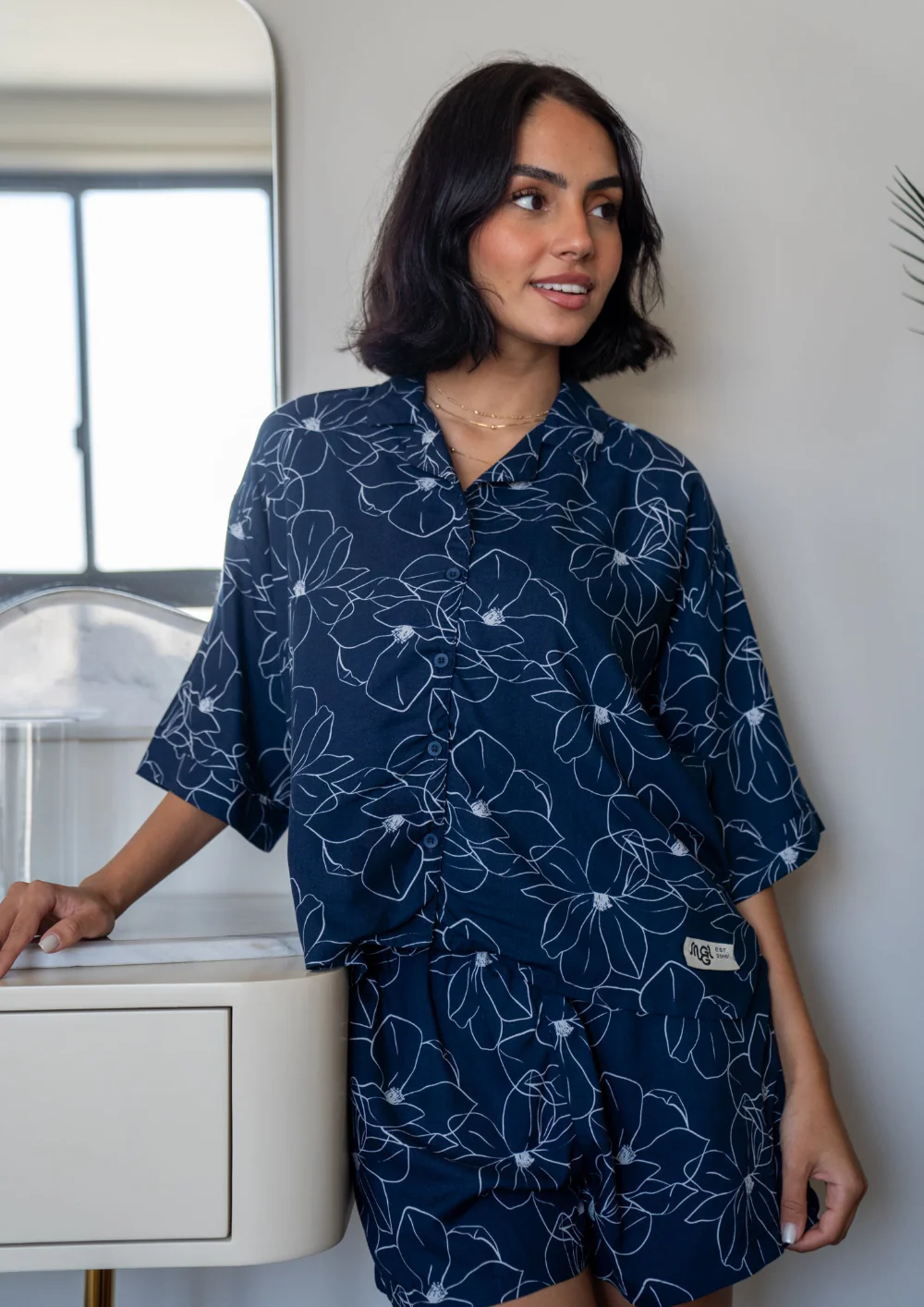 Women Summer Pajama Set Magnolia Floral Buttoned Shirt + Shorts - Image 2