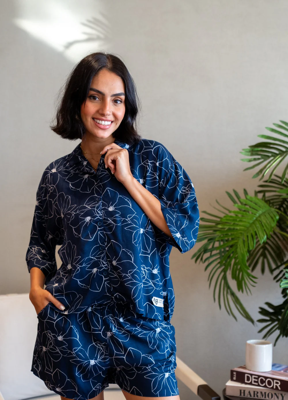 Women Summer Pajama Set Magnolia Floral Buttoned Shirt + Shorts - Image 3