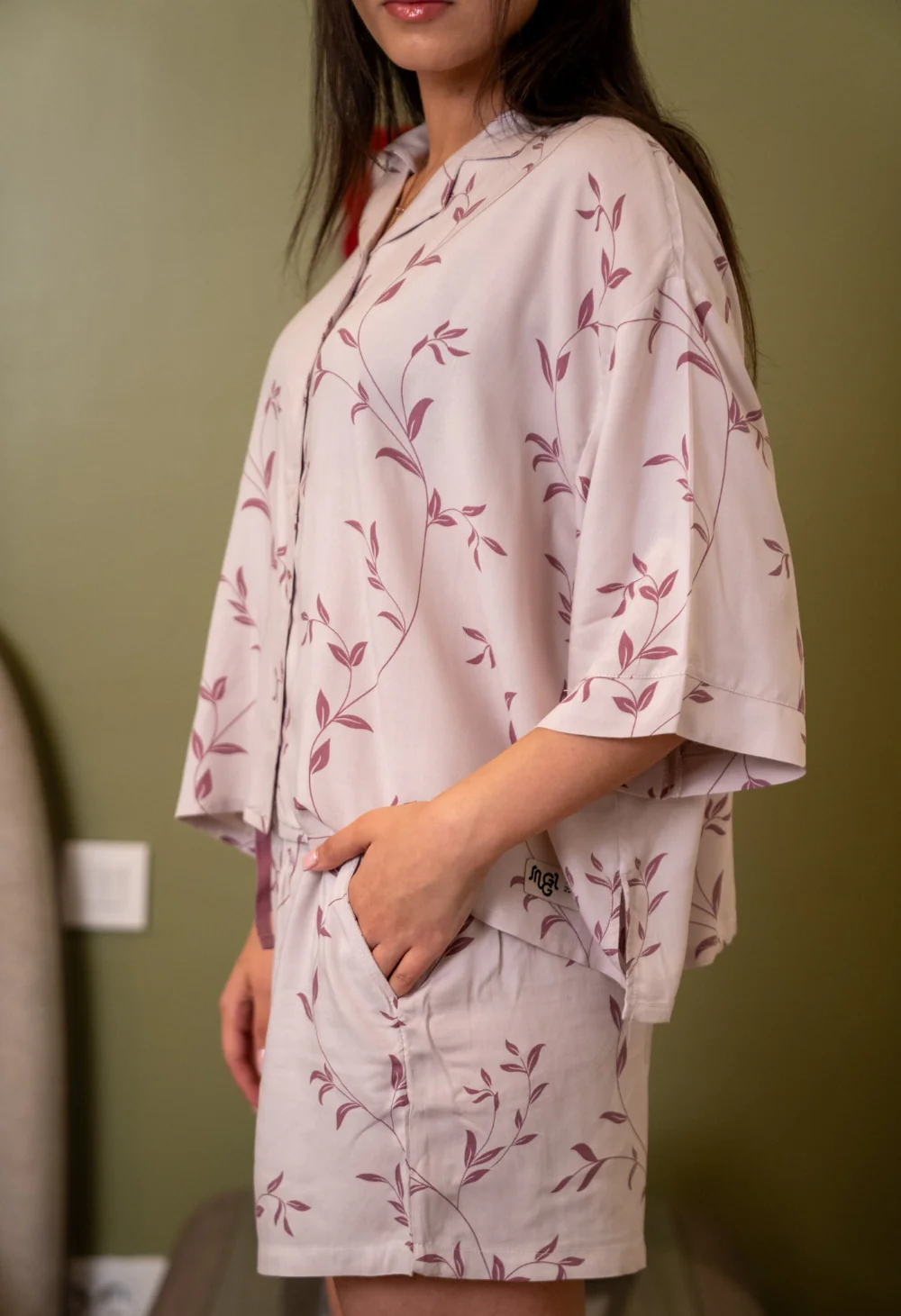 Women Summer Pajama Set Minimal floral vine Buttoned Shirt + Shorts - Image 2