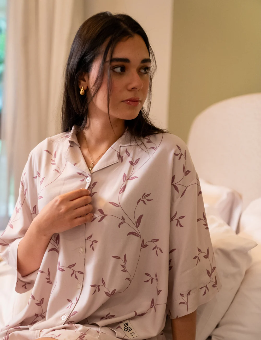 Women Summer Pajama Set Minimal floral vine Buttoned Shirt + Shorts - Image 3