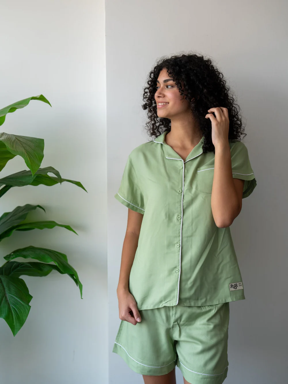 Women Summer Pajama Set Mint Buttoned Shirt + Shorts - Image 3