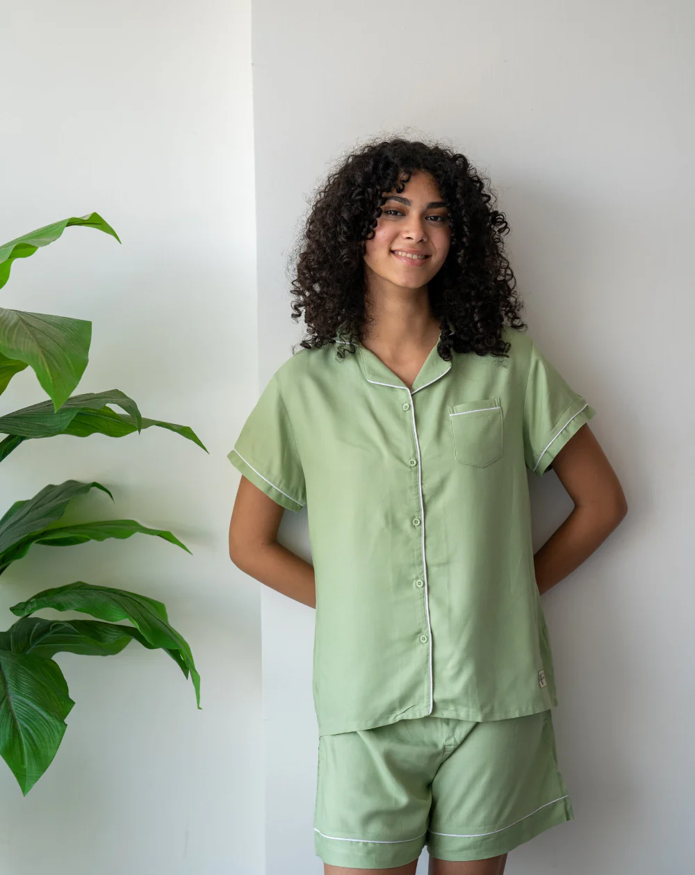 Women Summer Pajama Set Mint Buttoned Shirt + Shorts - Image 4
