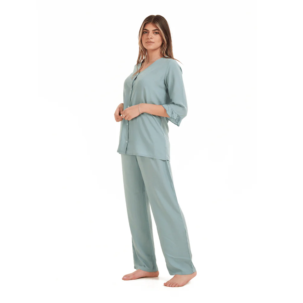 Women summer pajama set Mint Buttoned Shirt with Ruffled Sleeves shirt + Pants