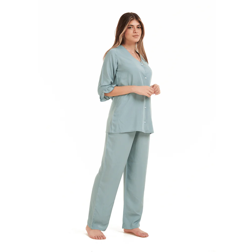 Women summer pajama set Mint Buttoned Shirt with Ruffled Sleeves shirt + Pants - Image 2