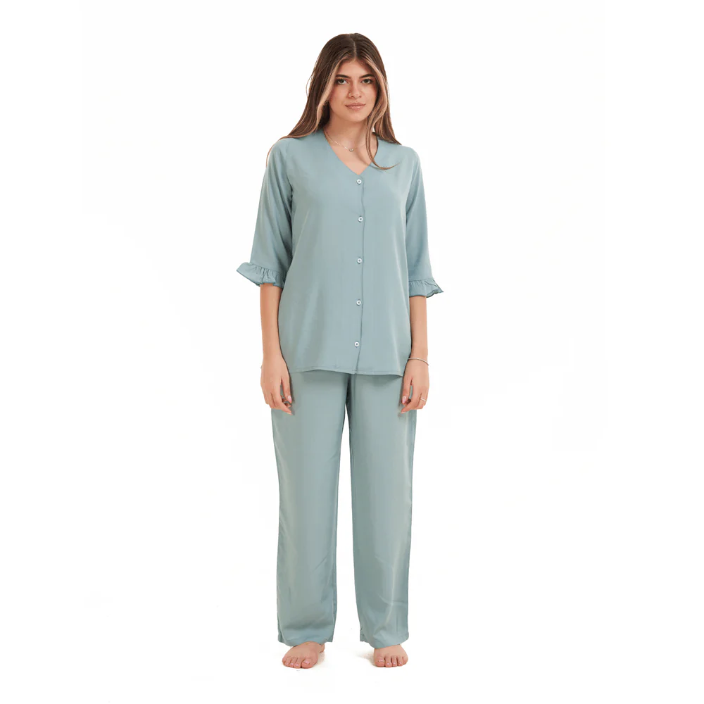 Women summer pajama set Mint Buttoned Shirt with Ruffled Sleeves shirt + Pants - Image 3