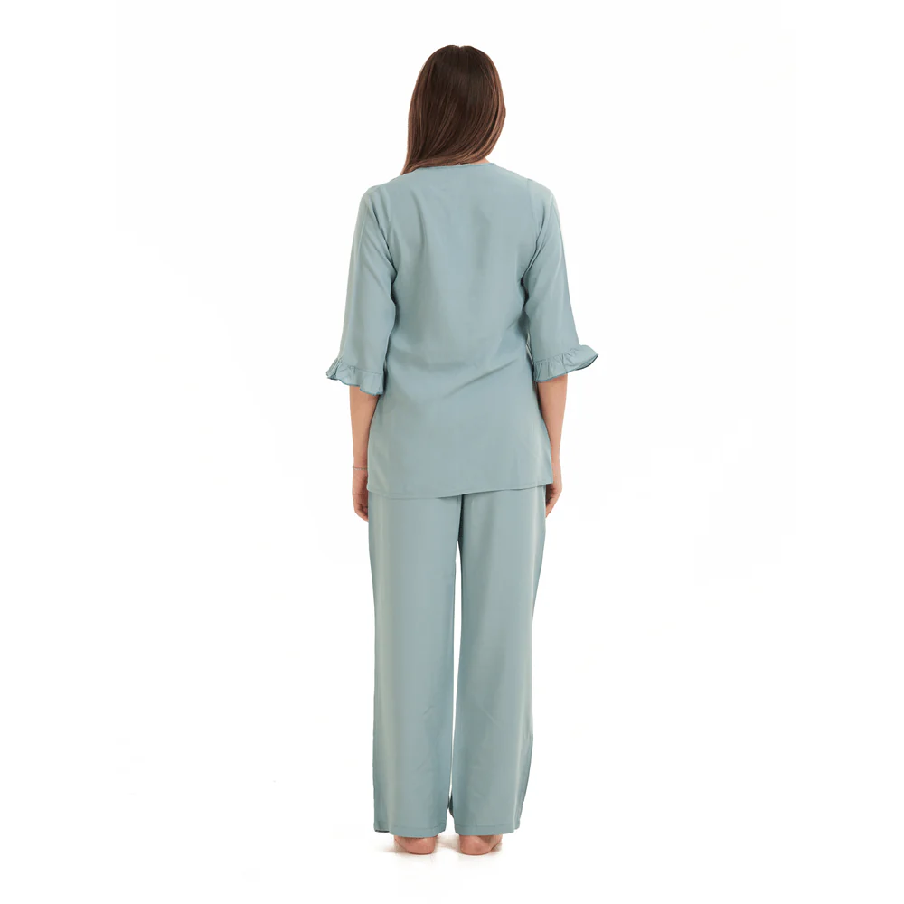 Women summer pajama set Mint Buttoned Shirt with Ruffled Sleeves shirt + Pants - Image 4
