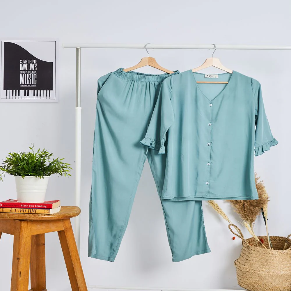 Women summer pajama set Mint Buttoned Shirt with Ruffled Sleeves shirt + Pants - Image 5