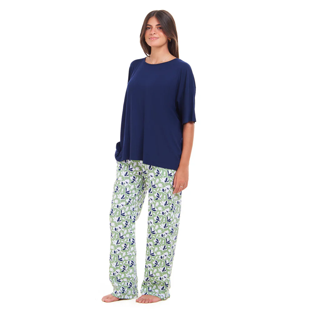 Women summer pajama set Navy Oversized top + Green x blue Flory pants - Image 2