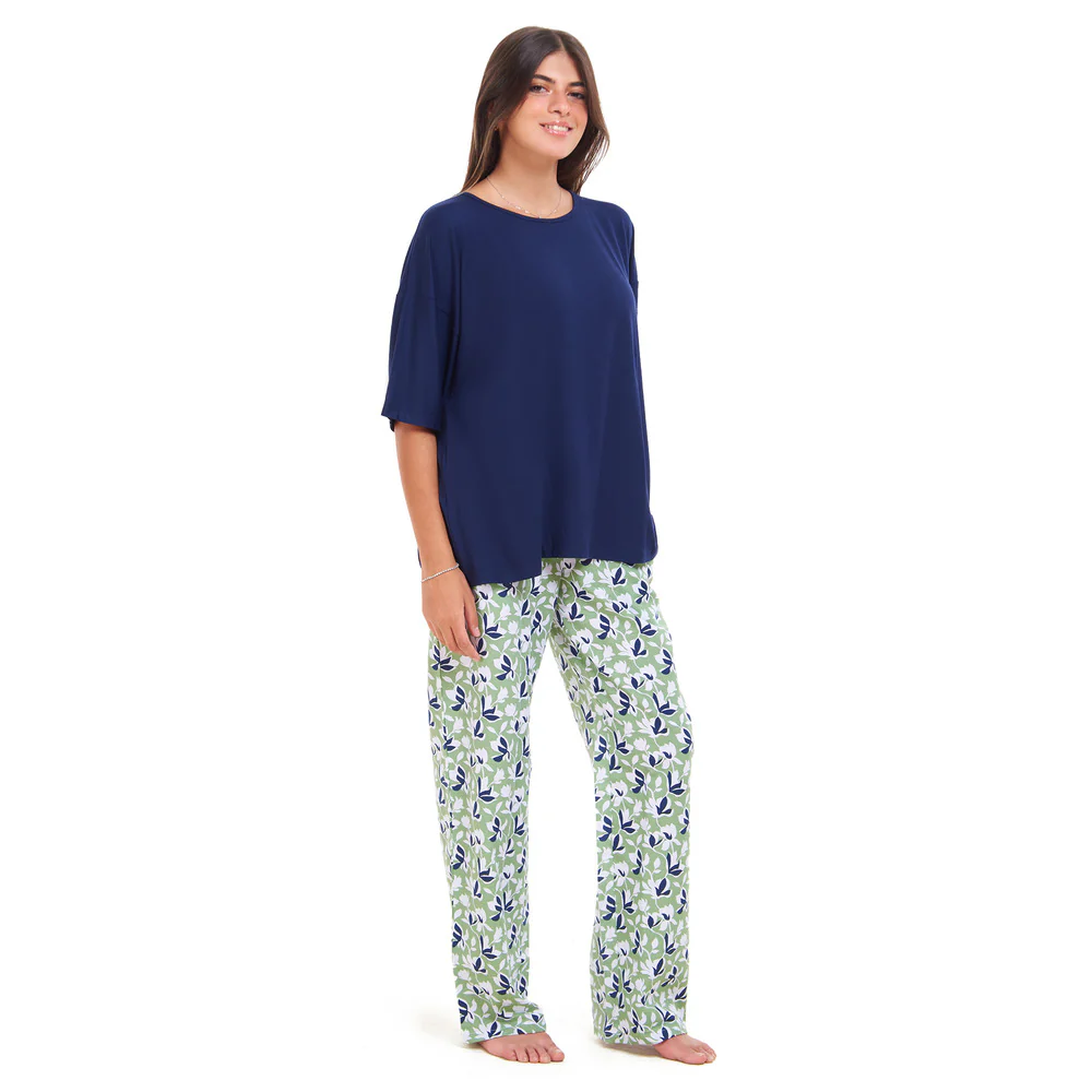 Women summer pajama set Navy Oversized top + Green x blue Flory pants - Image 3