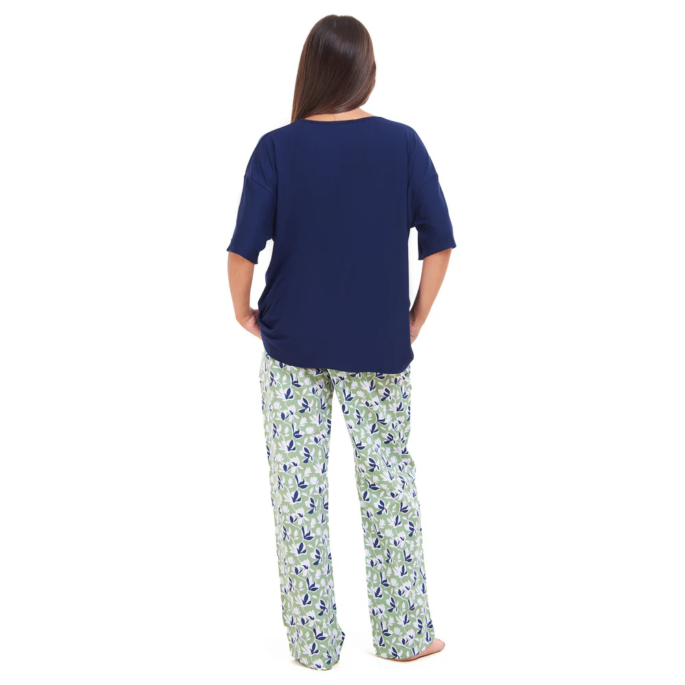 Women summer pajama set Navy Oversized top + Green x blue Flory pants - Image 4