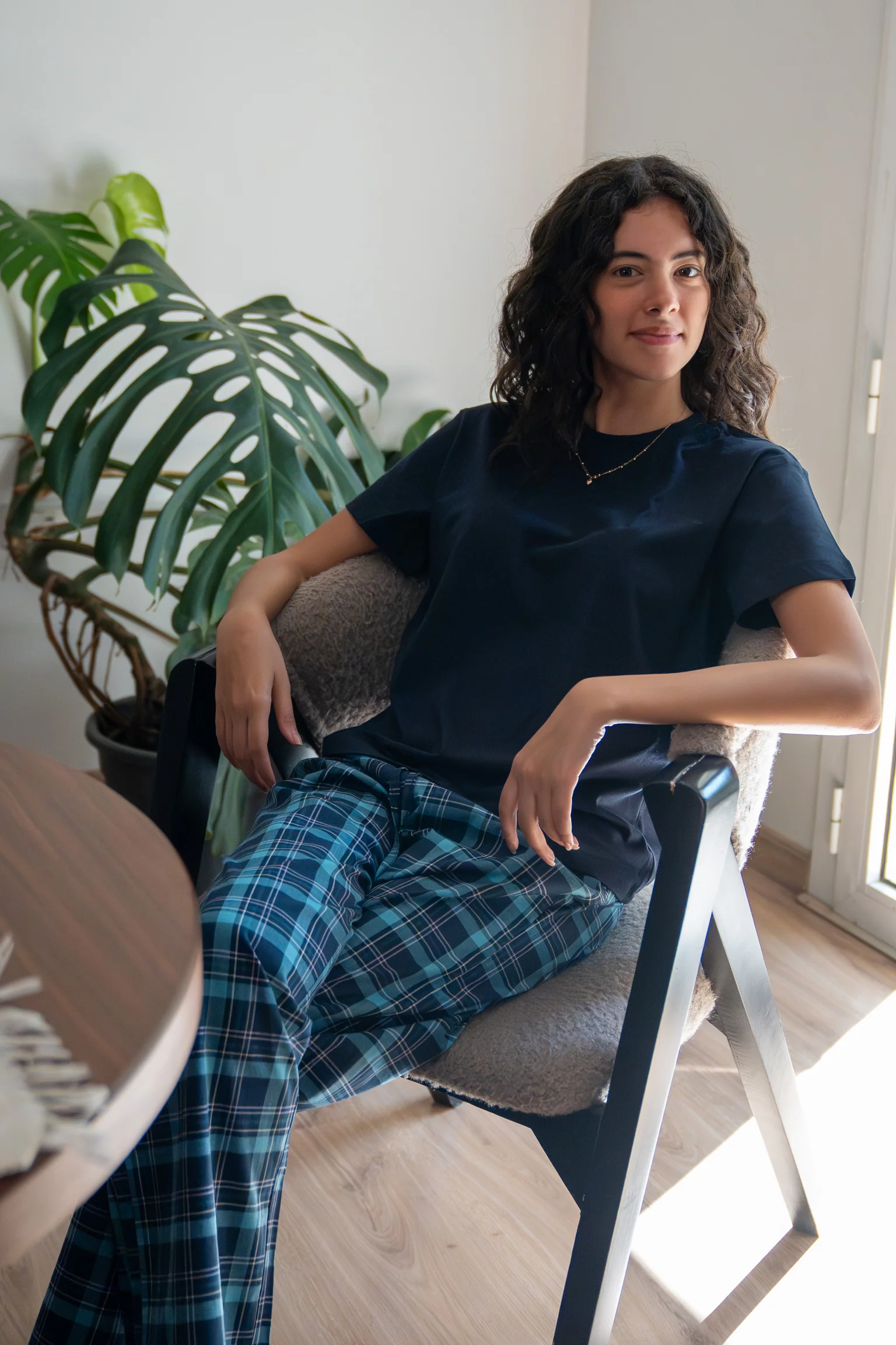 Women summer pajama set Navy Tee + Navy X Petroleum Plaid Pants - Image 2