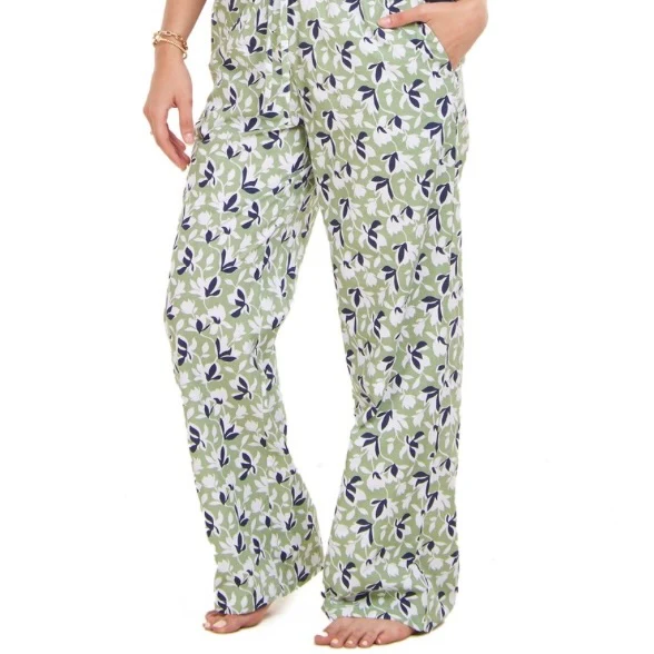Women summer pajama set Off White Cropped top + Green x Blue floral Pattern pants - Image 2