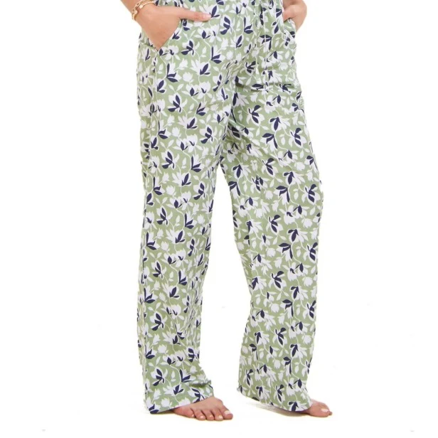 Women summer pajama set Off White Cropped top + Green x Blue floral Pattern pants - Image 3