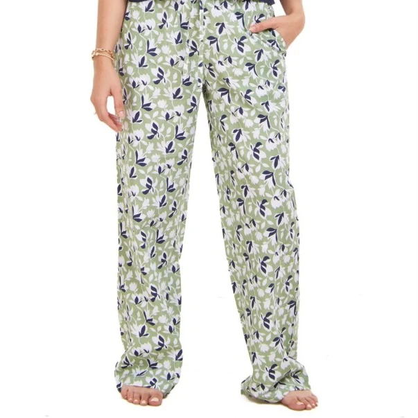 Women summer pajama set Off White Cropped top + Green x Blue floral Pattern pants - Image 4