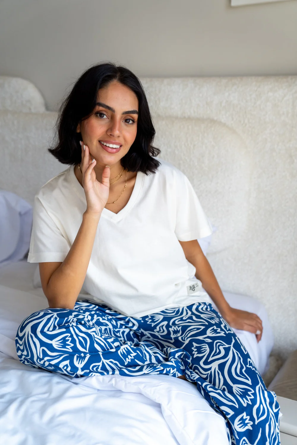 Women summer pajama set Off White T-shirt + Dark Blue Flowers Pants - Image 2