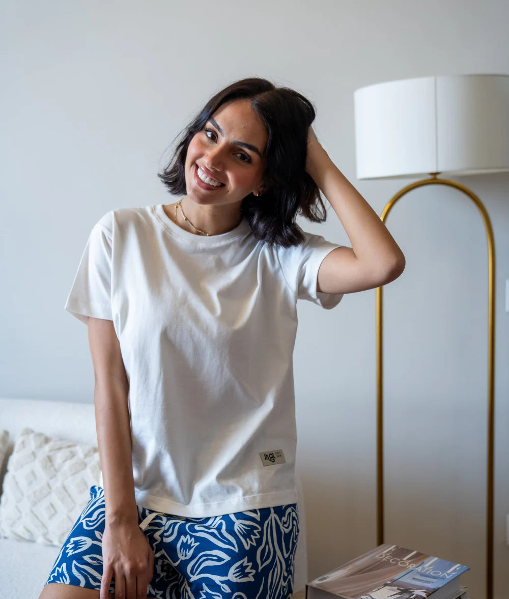 Women Summer Pajama set Off White T-shirt + Dark Blue Flowers Shorts - Image 3