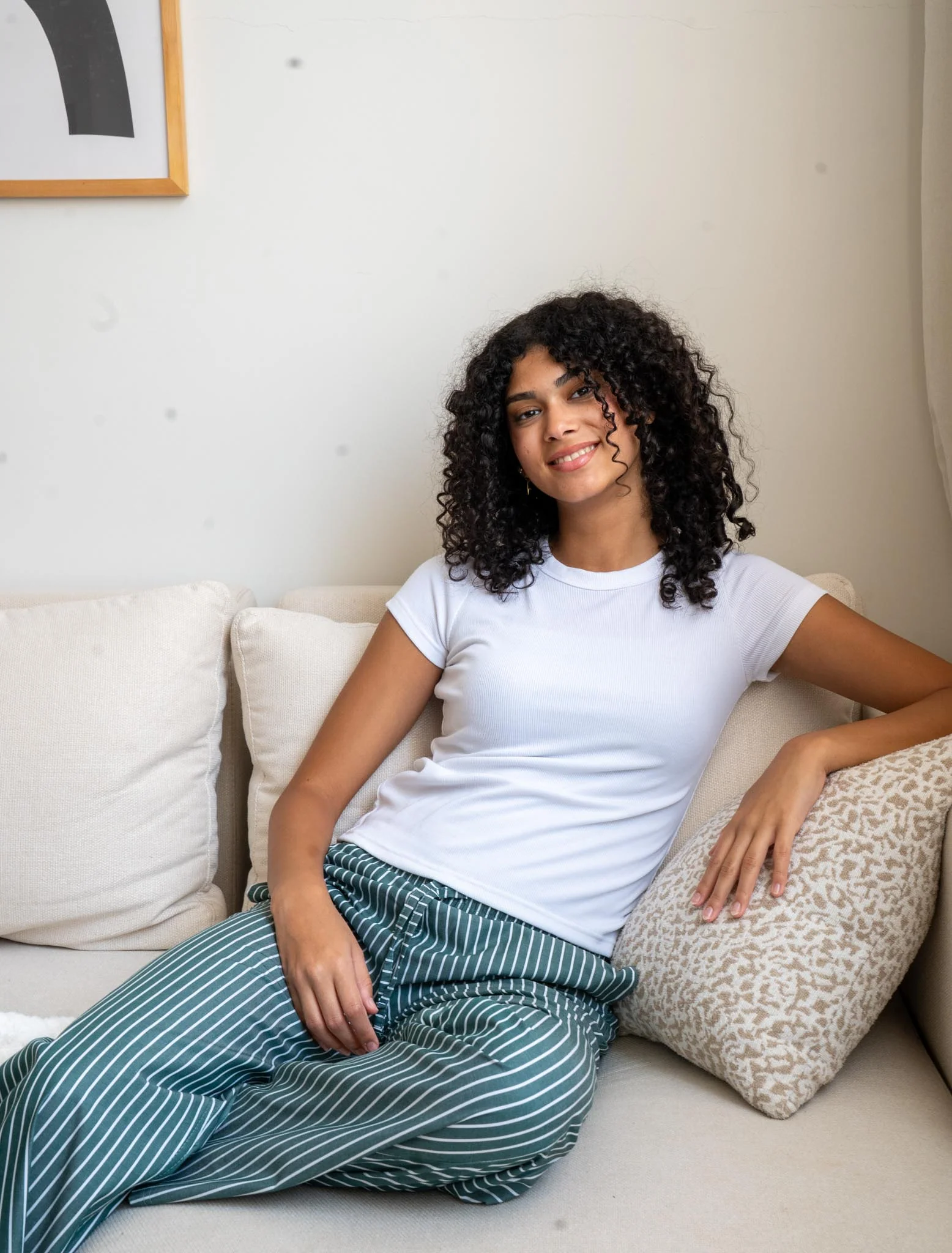 Women summer pajama set Off White T-shirt + Green X White Spaced Stripes Pants - Image 3