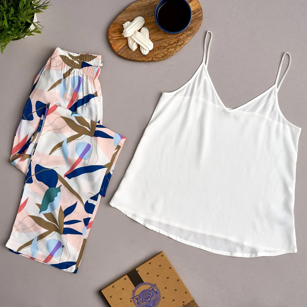 Women summer pajama set Off-white Top+ Blue leaves pants - Image 2