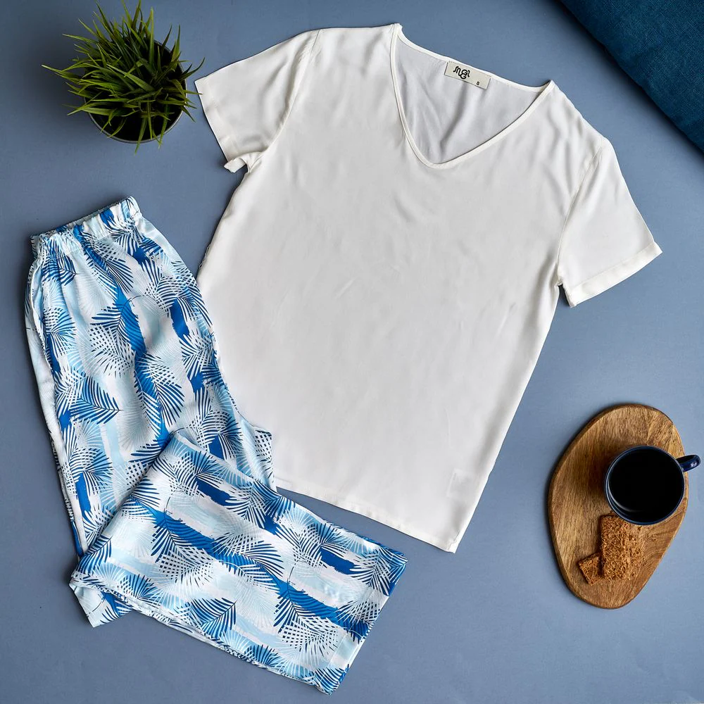 Women summer pajama set Off-white top + Blue Palm leaves Pants - Image 2
