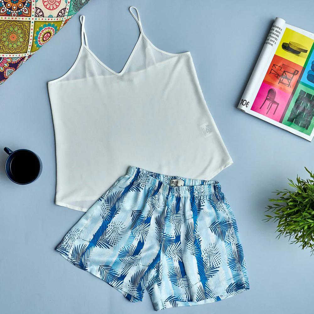 Women summer pajama set Off-white top + Blue Palm leaves shorts - Image 2