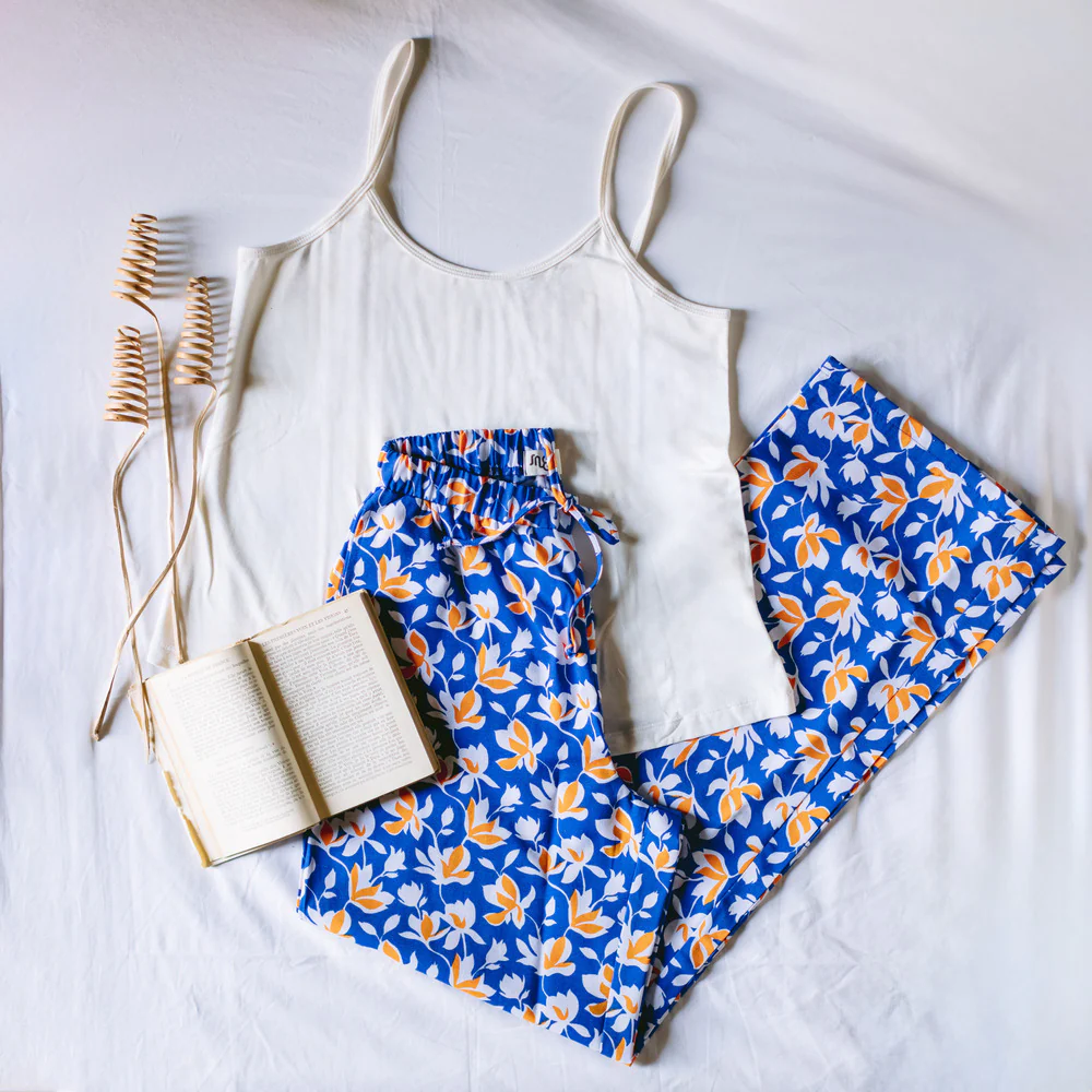 Women summer pajama set Off White top + Blue x orange floral Pants - Image 2