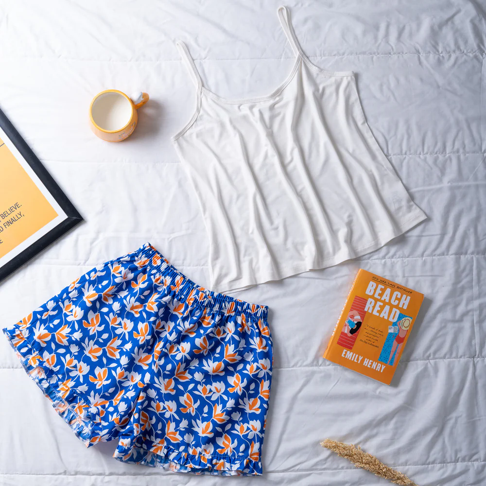 Women summer pajama set Off White top + Blue x orange floral shorts