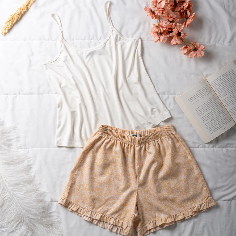 Women summer pajama set Off White top + Golden floral Outlines shorts - Image 2