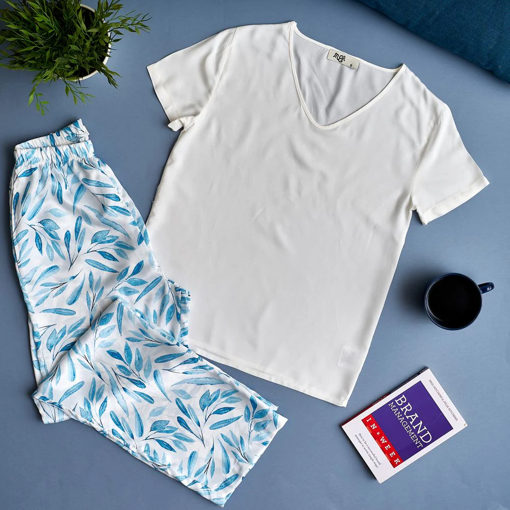 Women summer pajama set Off-white top + Light blue leaves Pants - Image 2
