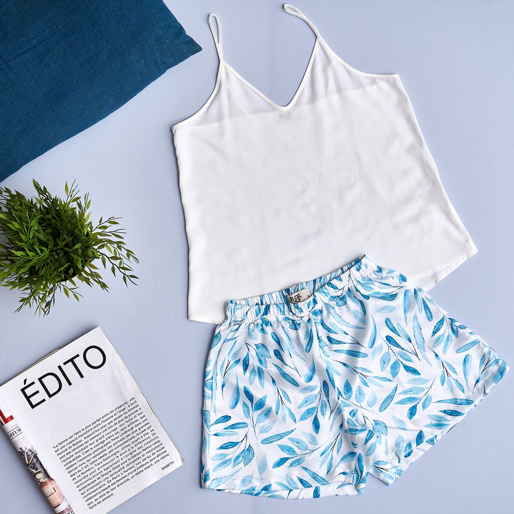Women summer pajama set Off-white top + Light blue leaves shorts - Image 2