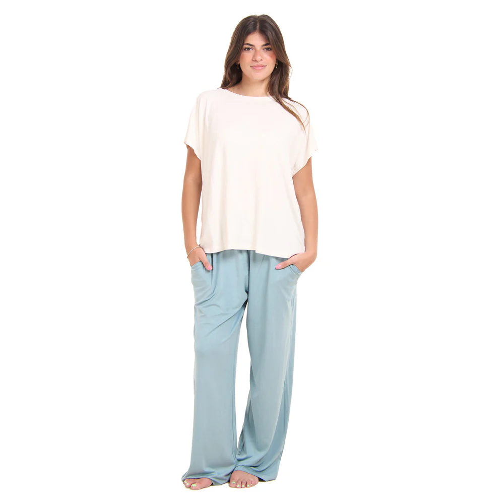 Women summer pajama set  Off white top + Light blue Pants - Image 2