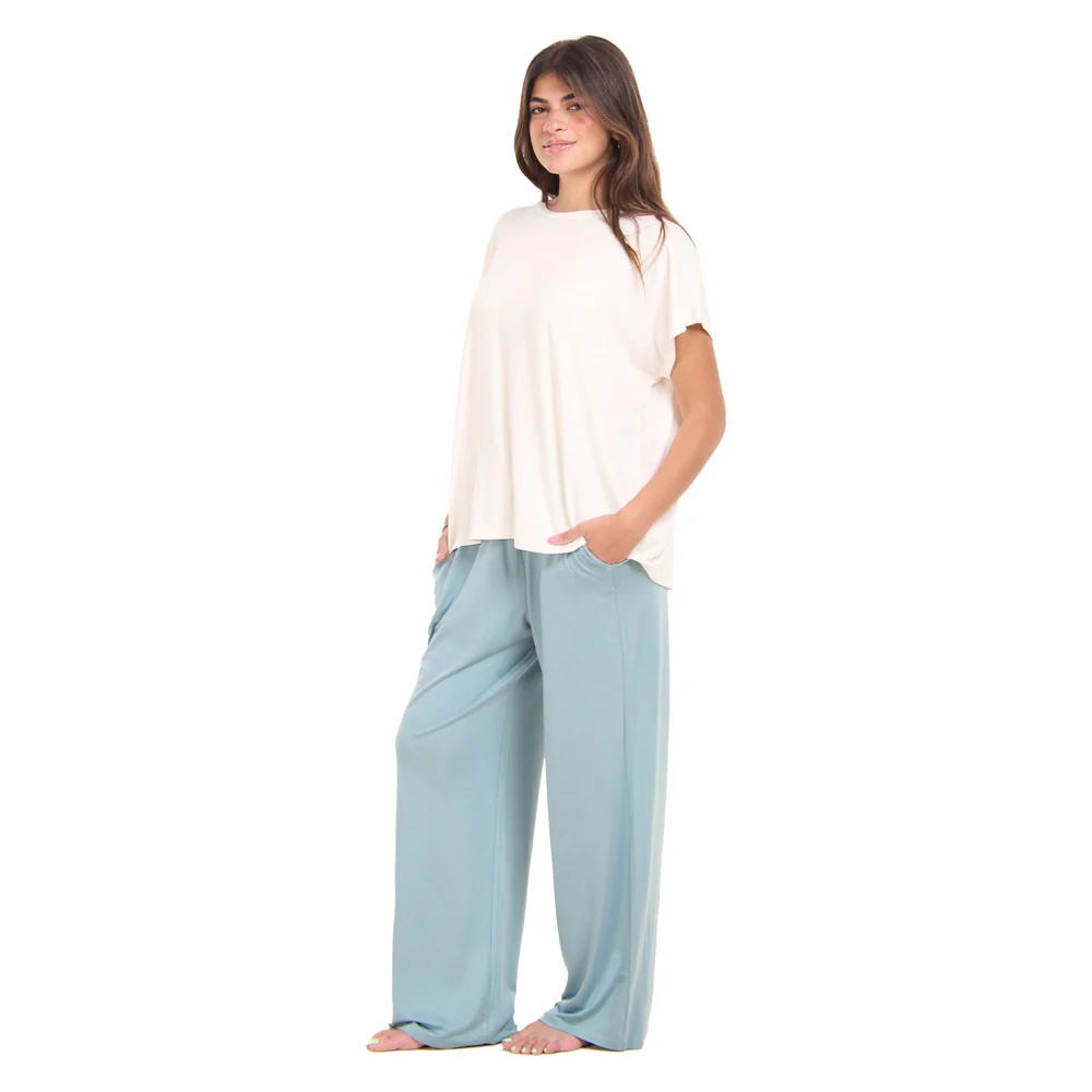 Women summer pajama set  Off white top + Light blue Pants - Image 3