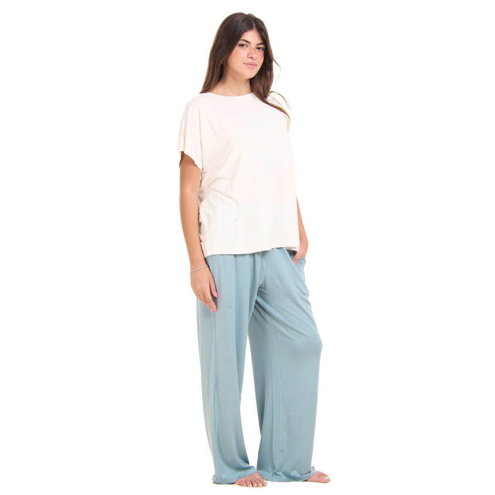 Women summer pajama set  Off white top + Light blue Pants - Image 4