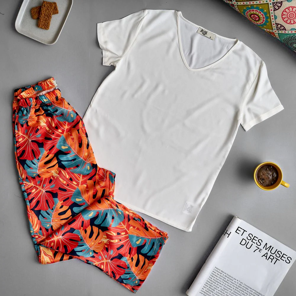 Women summer pajama set Off-white top + Orange leaves Pants - Image 2