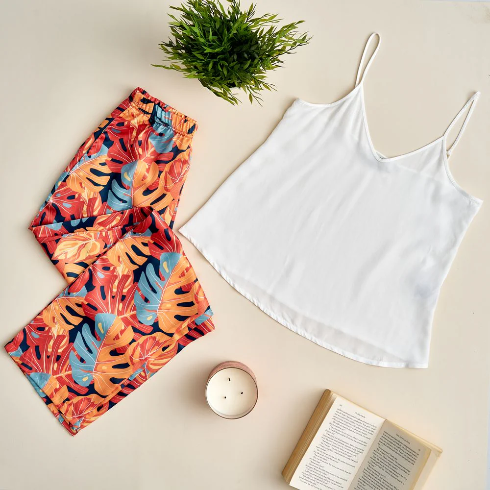 Women summer pajama set Off white top + Orange leaves Pants - Image 2