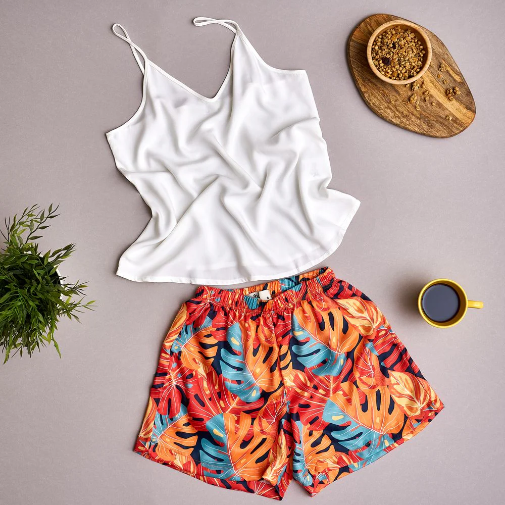 Women summer pajama set Off-white top + Orange leaves shorts