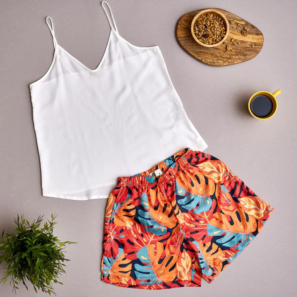 Women summer pajama set Off-white top + Orange leaves shorts - Image 2