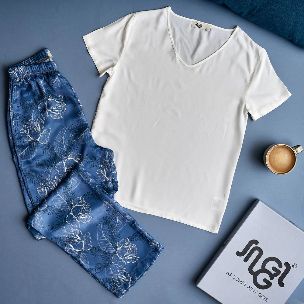 Women summer pajama set Off-white top + Petrol Blue flowered Pants - Image 2