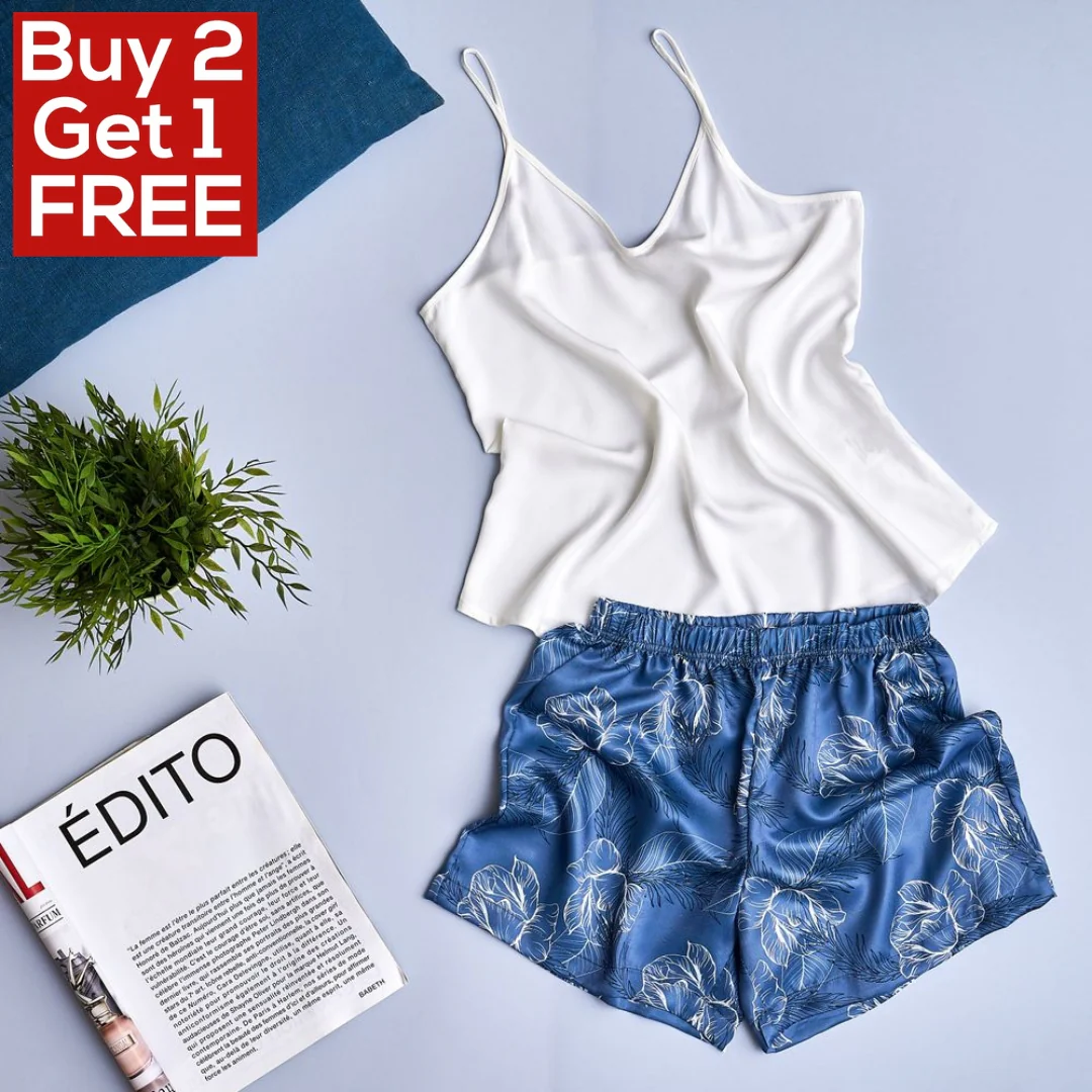 Women summer pajama set Off-white top + Petrol Blue flowered shorts