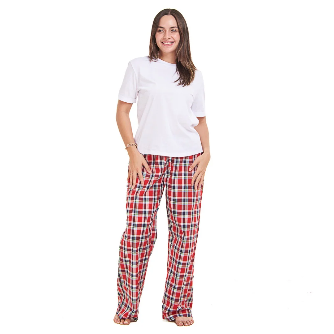 Women summer pajama set Off white top + Red x Dark blue checkered Pants - Image 2