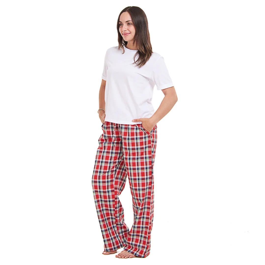 Women summer pajama set Off white top + Red x Dark blue checkered Pants - Image 3