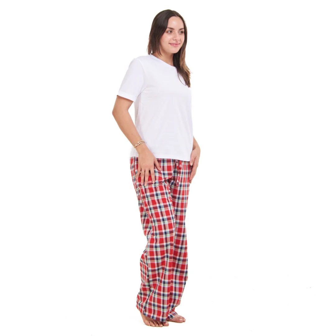 Women summer pajama set Off white top + Red x Dark blue checkered Pants - Image 4