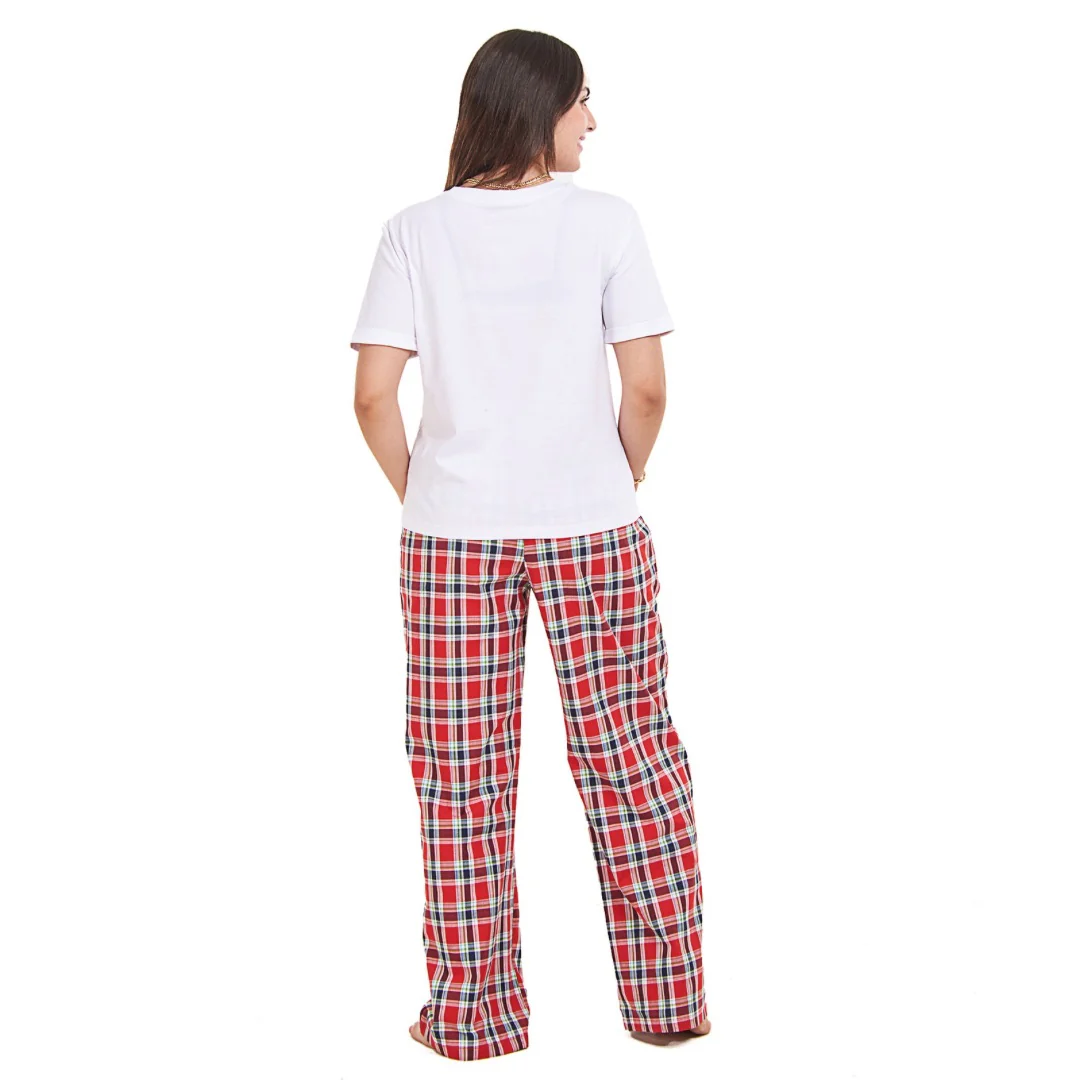Women summer pajama set Off white top + Red x Dark blue checkered Pants - Image 5