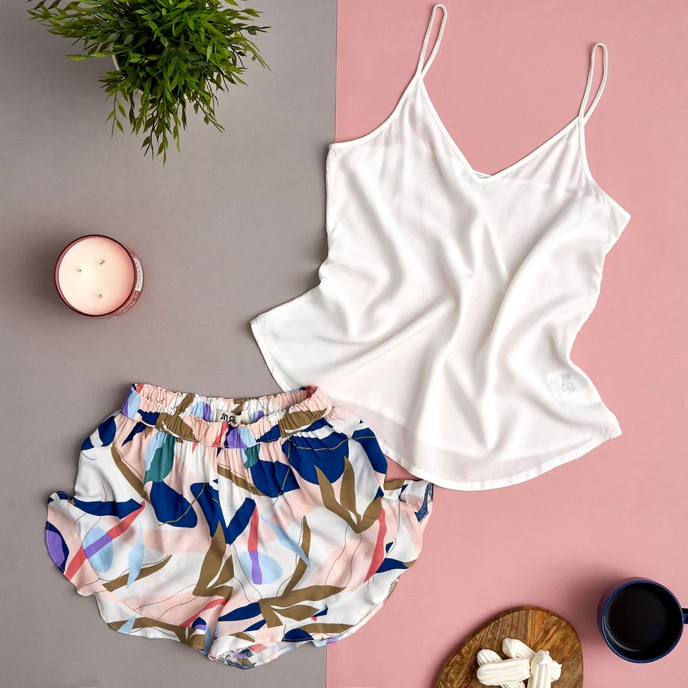 Women summer pajama set Off-white top + Ruffles blue leaves shorts