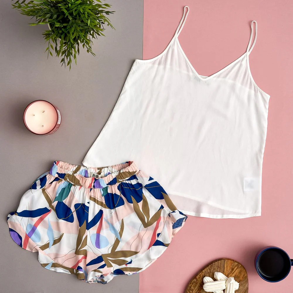 Women summer pajama set Off-white top + Ruffles blue leaves shorts - Image 2