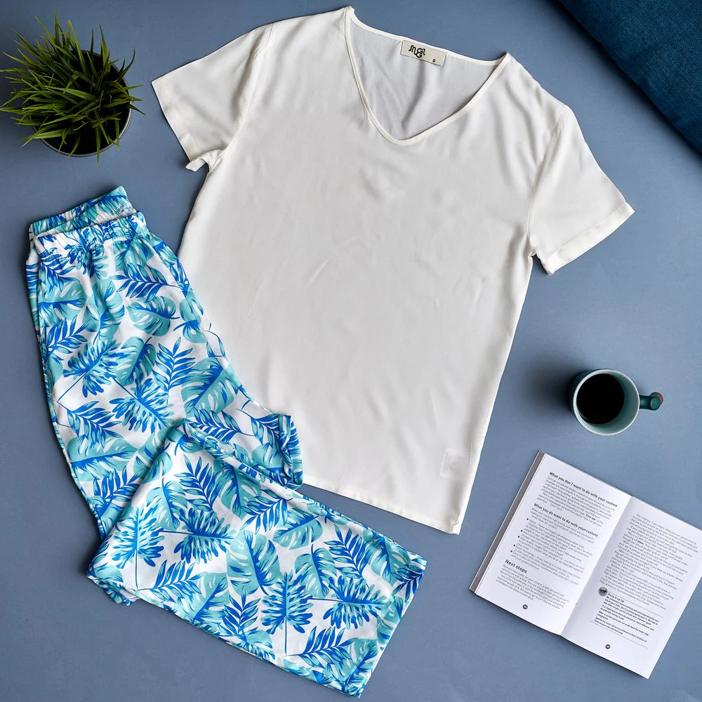 Women summer pajama set Off-white top + Tropical leaves Pants - Image 2
