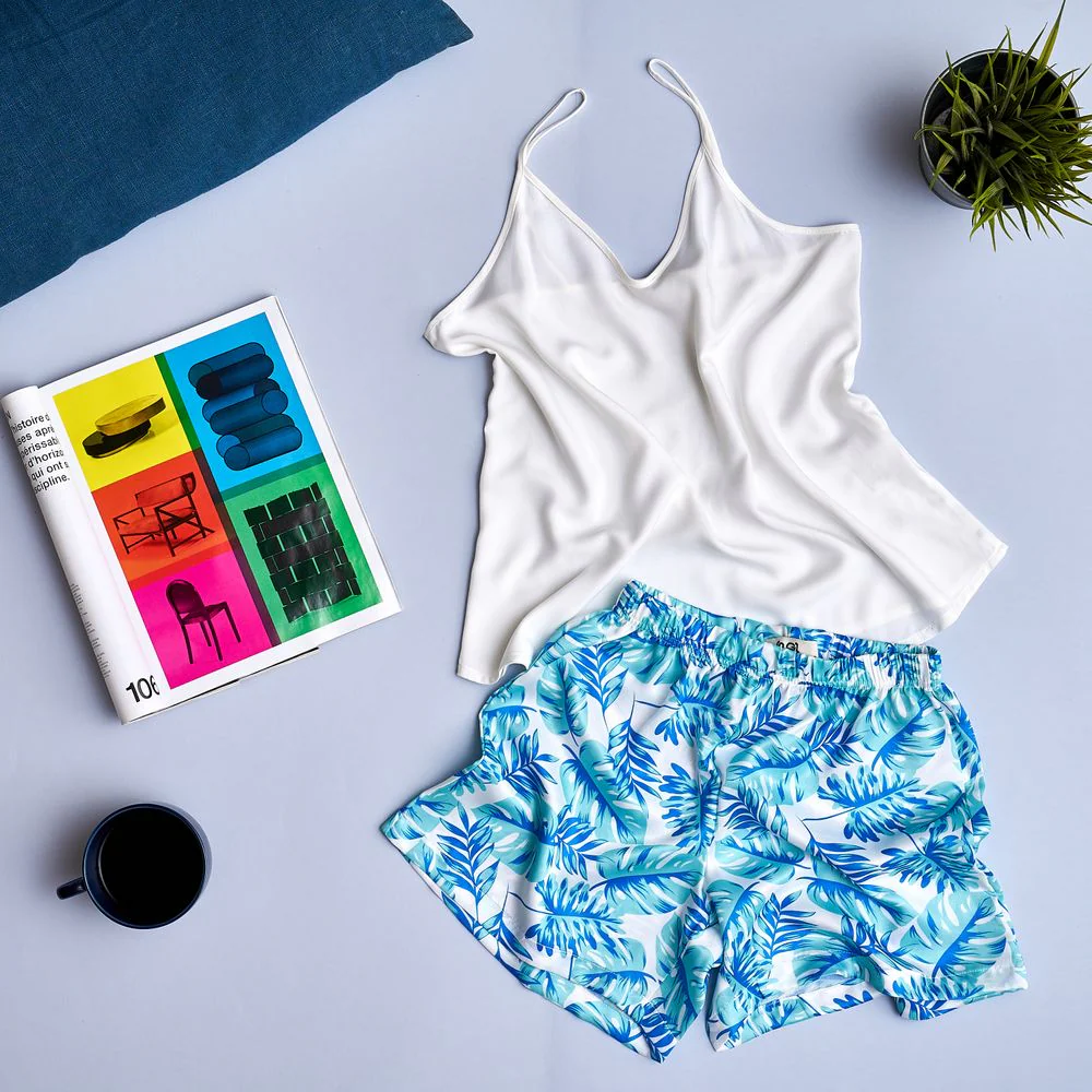 Women summer pajama set Off-white top + Tropical leaves shorts
