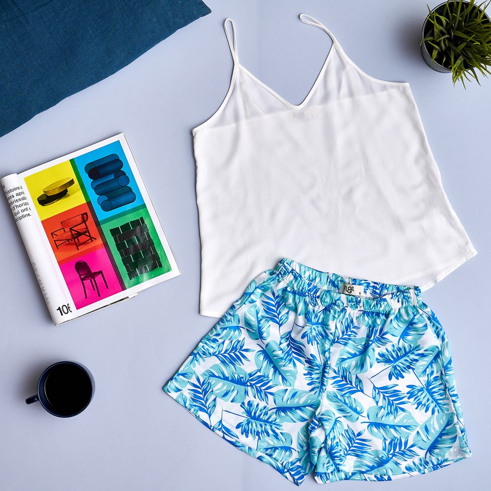 Women summer pajama set Off-white top + Tropical leaves shorts - Image 2
