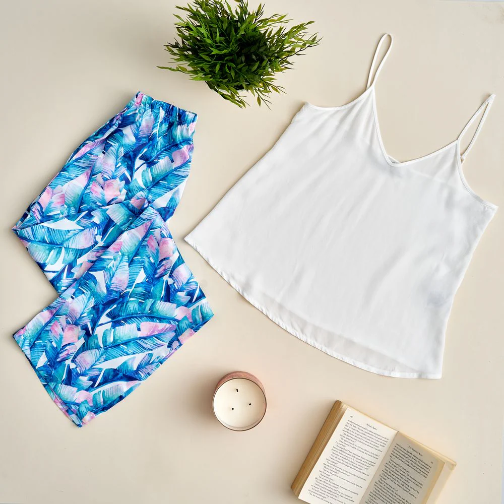 Women summer pajama set Off white top + white x blue leaves pants - Image 2