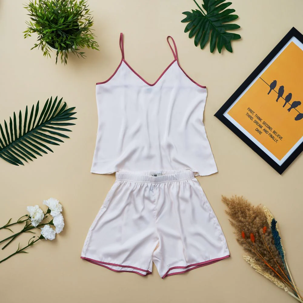 Women summer pajama set Off white top with cashmere straps + shorts