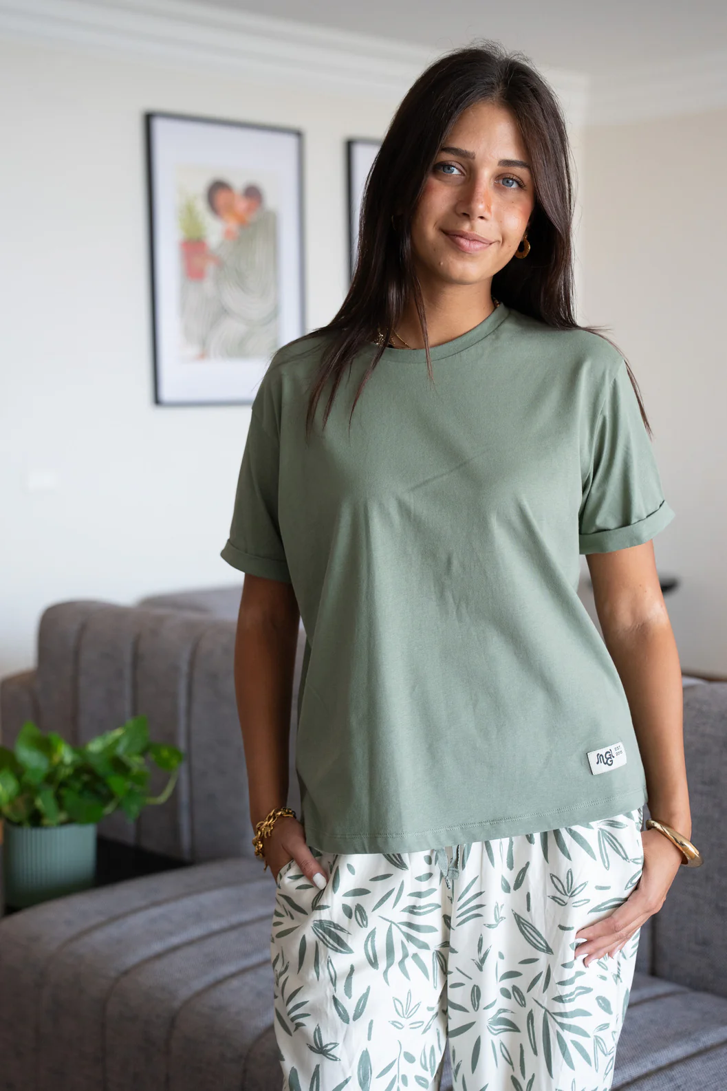 Women summer pajama set Olive Tee + Green Leaves Pants - Image 2